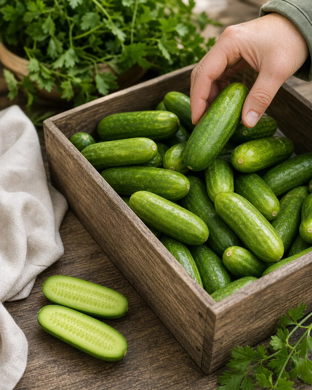 Mini-Me F1 Organic mini cucumbers in a market crate with smooth green skin