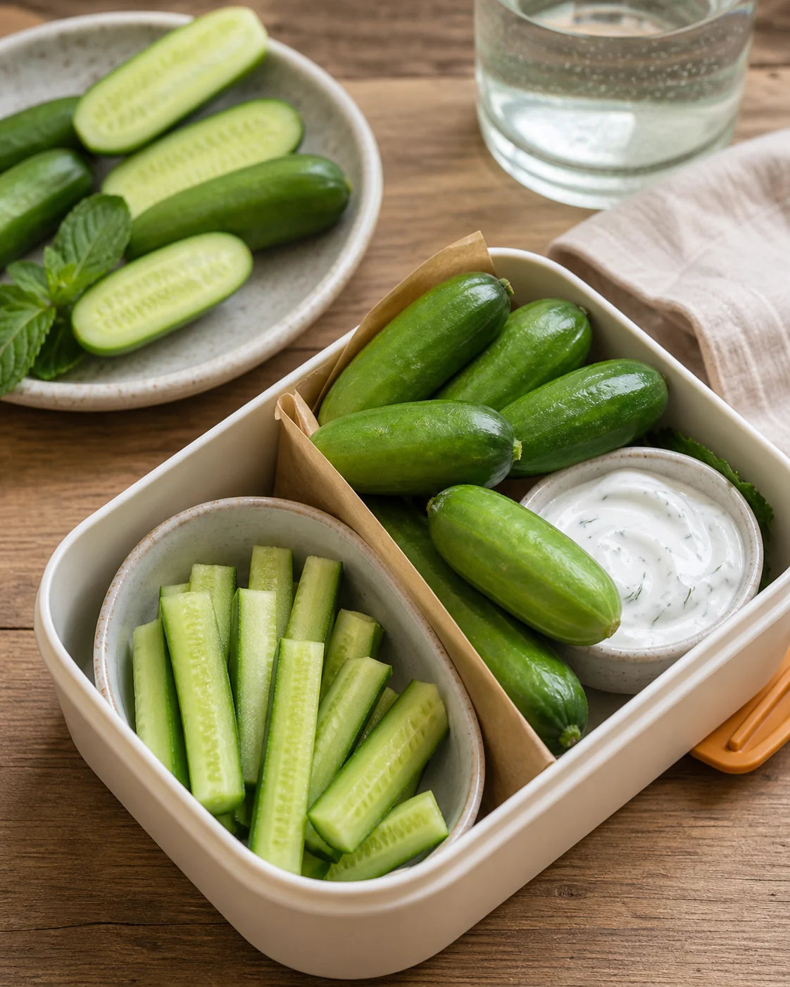 Mini-Me F1 Organic cucumber snack box with sliced mini cucumbers and dip