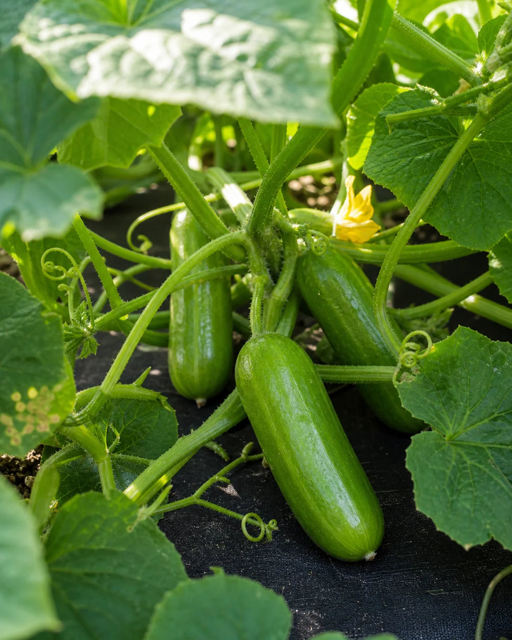 Mini-Me F1 Organic mini cucumbers growing on compact cucumber vines