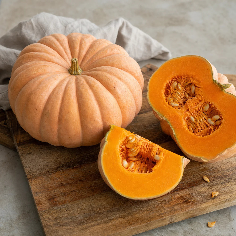 Moranga Portuguese pumpkin cut open to show dense orange flesh and seeds