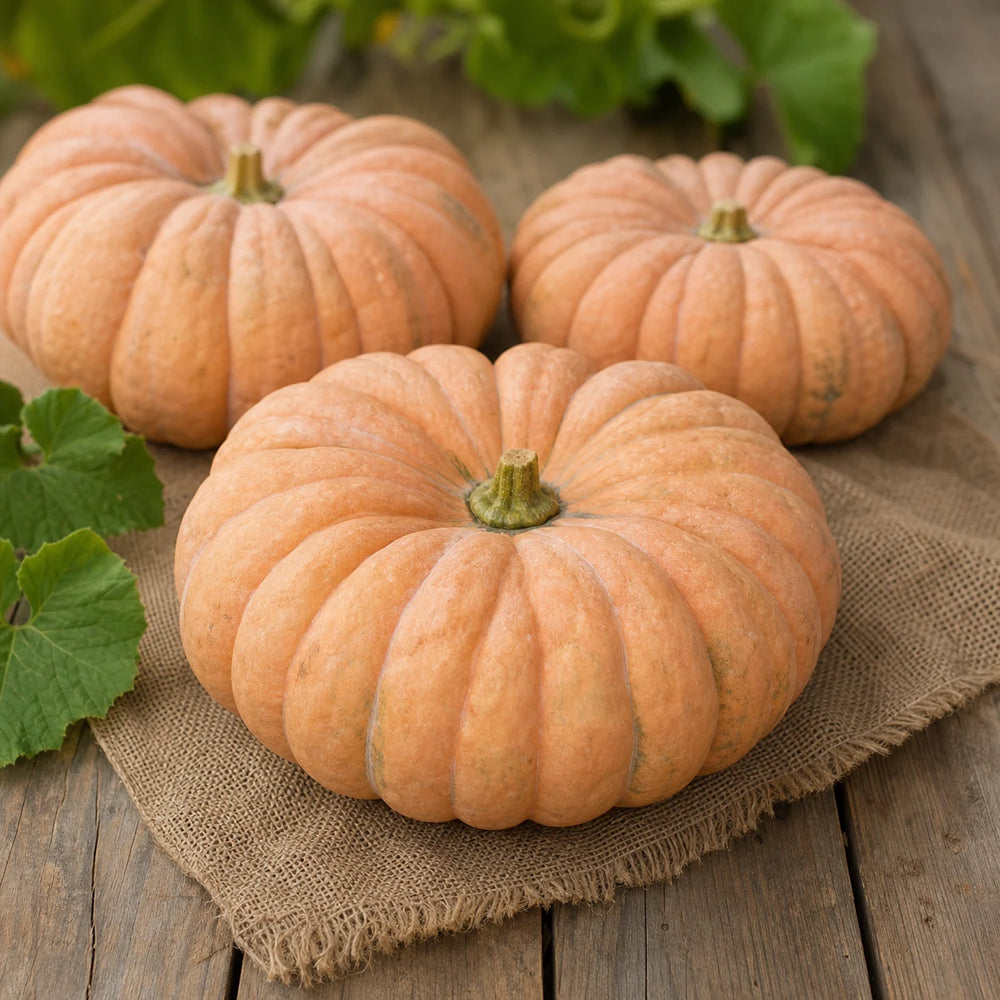 Moranga Portuguese pumpkin seeds harvest with peach ribbed pumpkins on a farm table