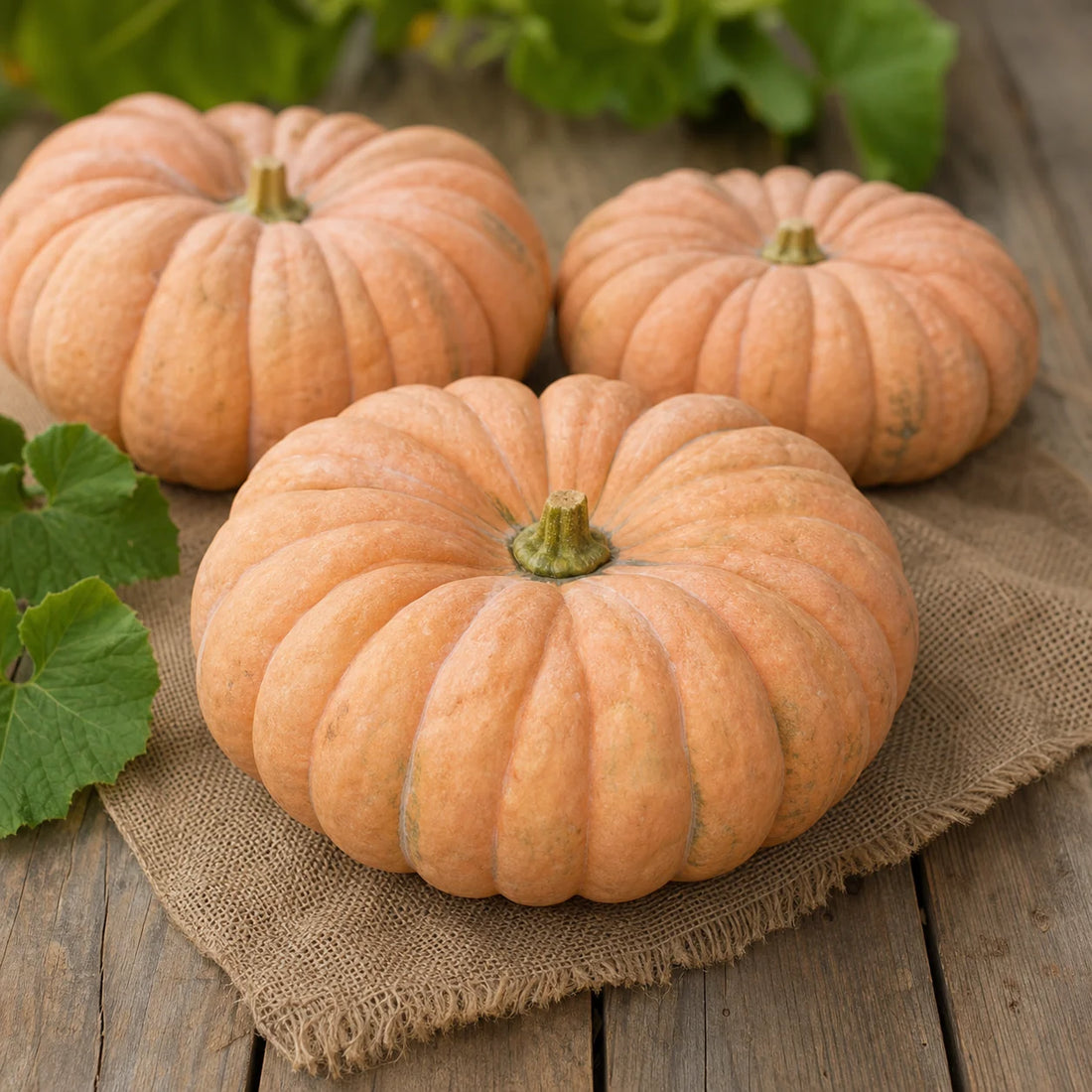 Moranga Portuguese pumpkin seeds harvest with peach ribbed pumpkins on a farm table