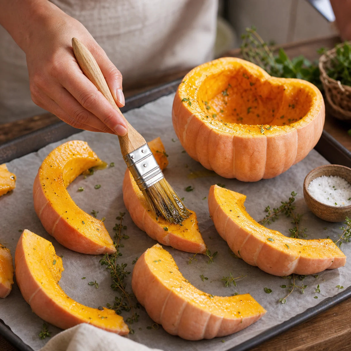 Moranga Portuguese pumpkin wedges prepared for roasting and cooking