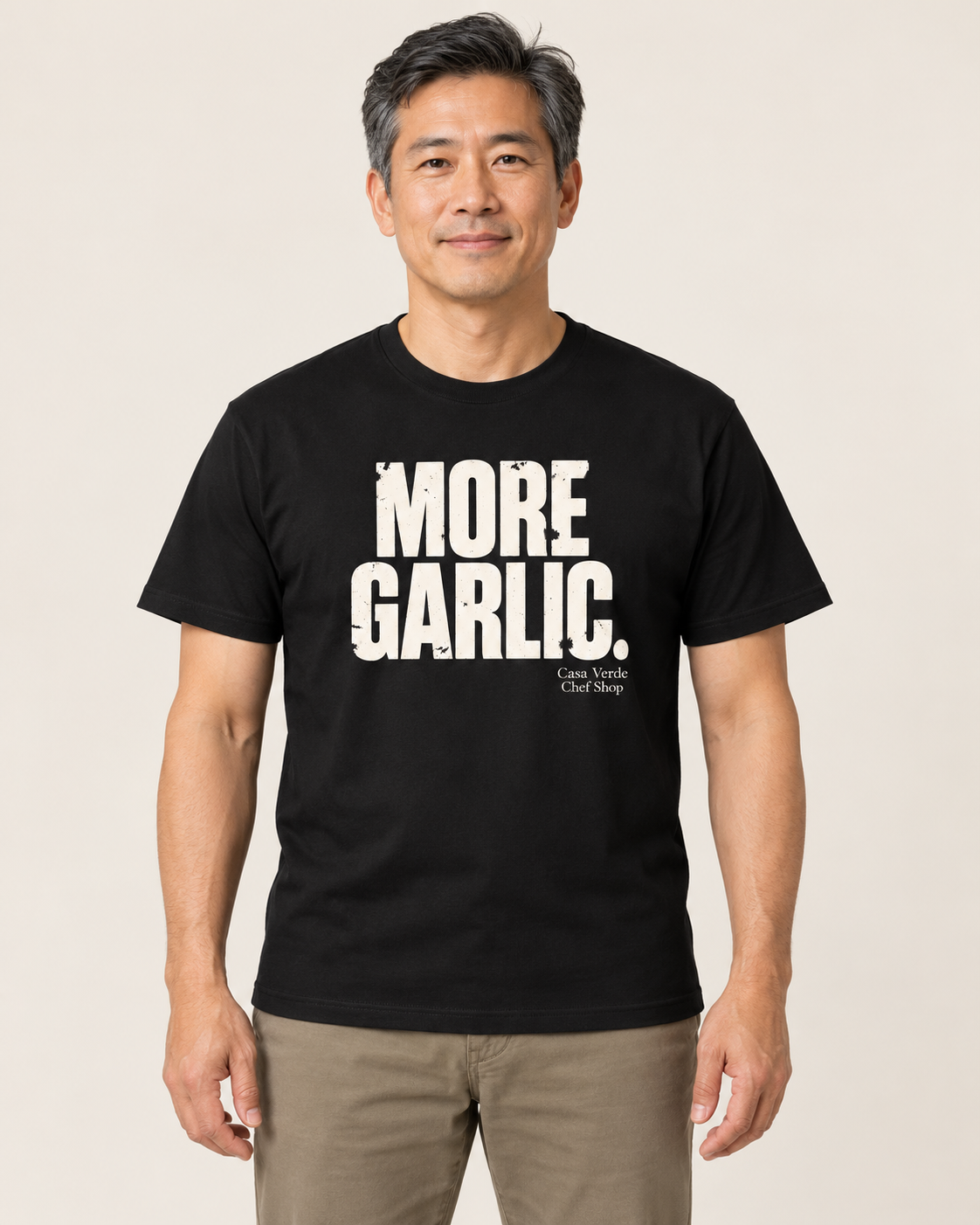 more garlic T-shirt — individual model. Illustrative design preview; final garment, fit and print placement may vary.