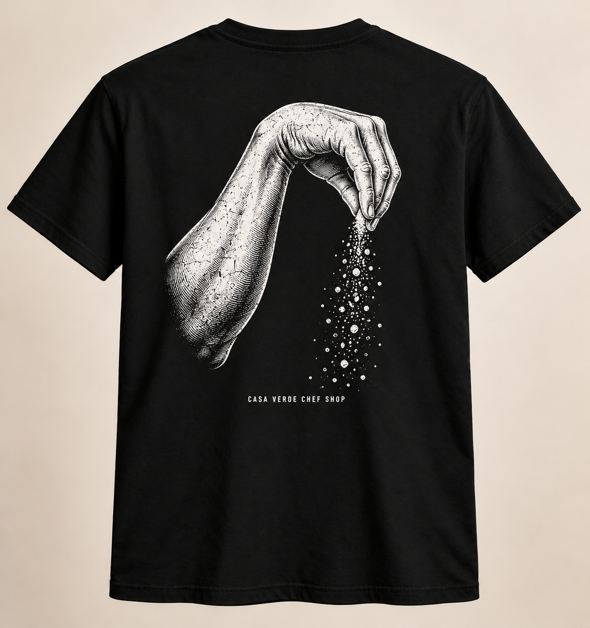 Needs Salt T-Shirt back design preview with Casa Verde Chef Shop signature.