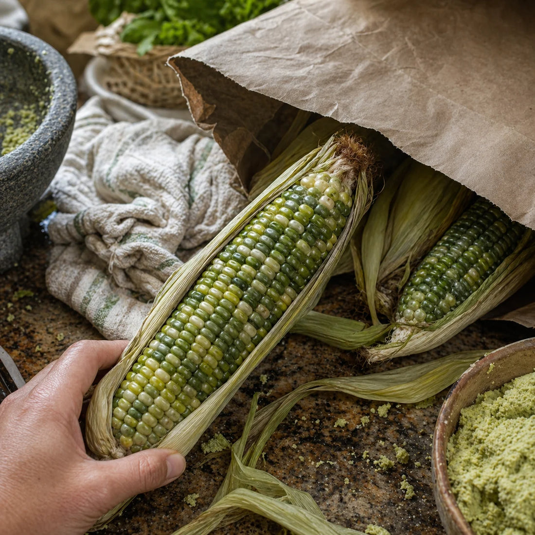 Oaxacan Green corn unpacked from a grocery bag for kitchen prep