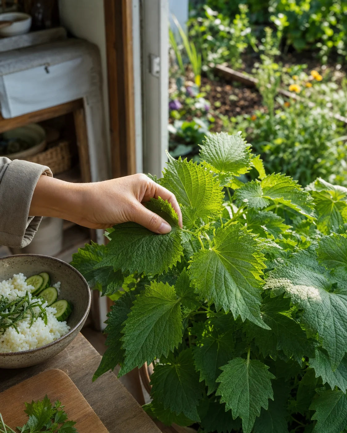 Ohba Perilla green shiso leaves being picked from a garden plant