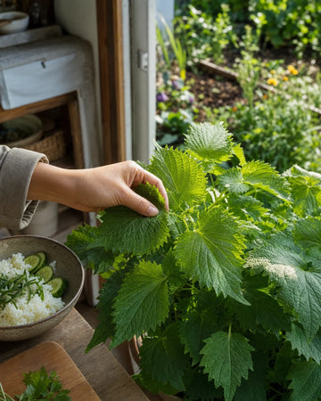 Ohba Perilla green shiso leaves being picked from a garden plant