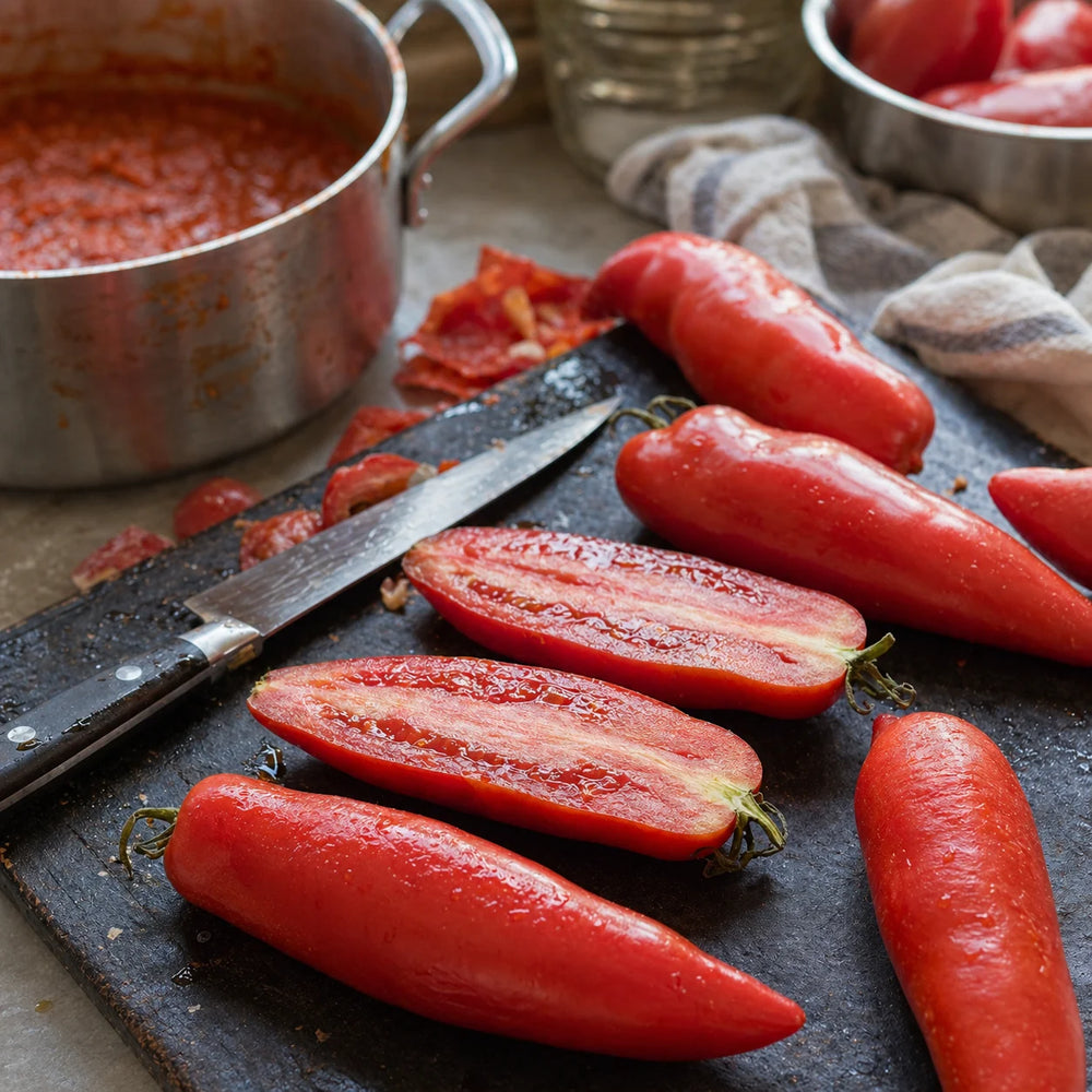 Opalka tomatoes sliced for sauce in a kitchen