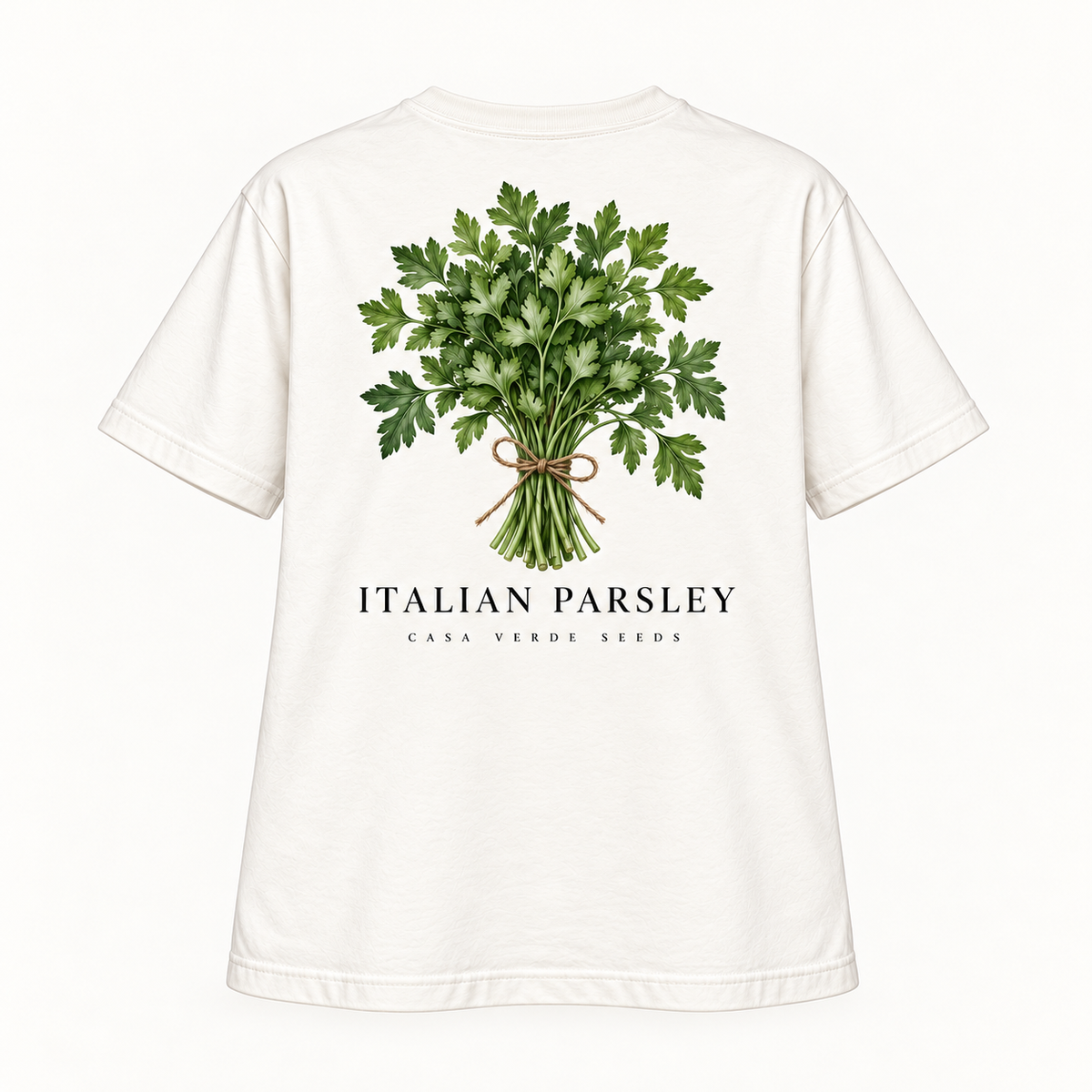 Italian Parsley T-Shirt — Individual shirt back view. Illustrative design preview; final fit and print placement may vary.