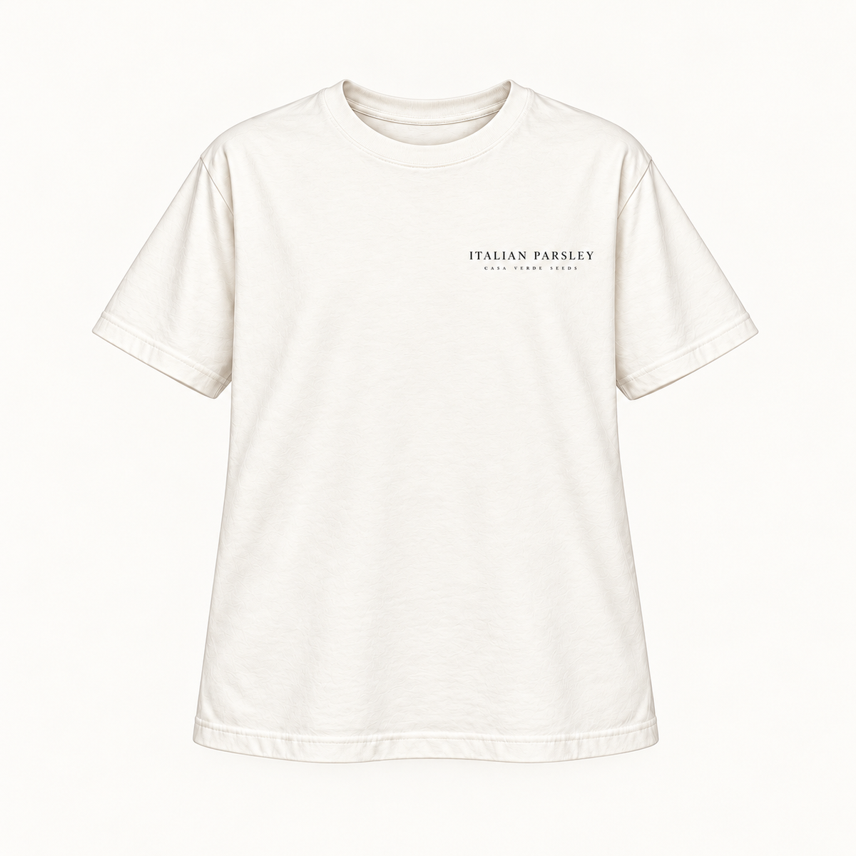 Italian Parsley T-Shirt — Individual shirt front view. Illustrative design preview; final fit and print placement may vary.