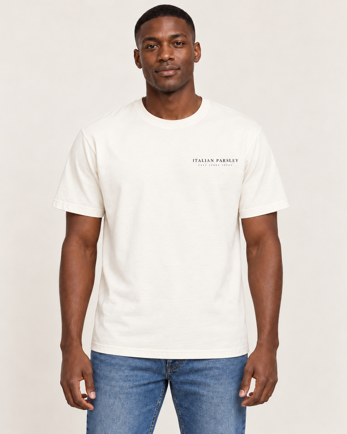 Italian Parsley T-Shirt — Front shown on a model. Illustrative garment preview; final fit and print placement may vary.