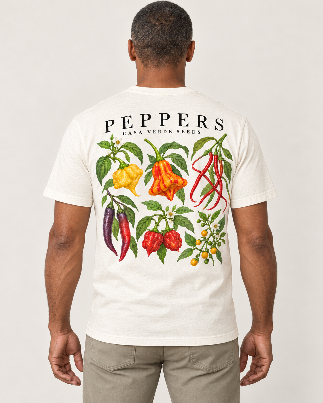 Peppers Botanical T-Shirt — Back shown on a model. Illustrative garment preview; final fit and print placement may vary.