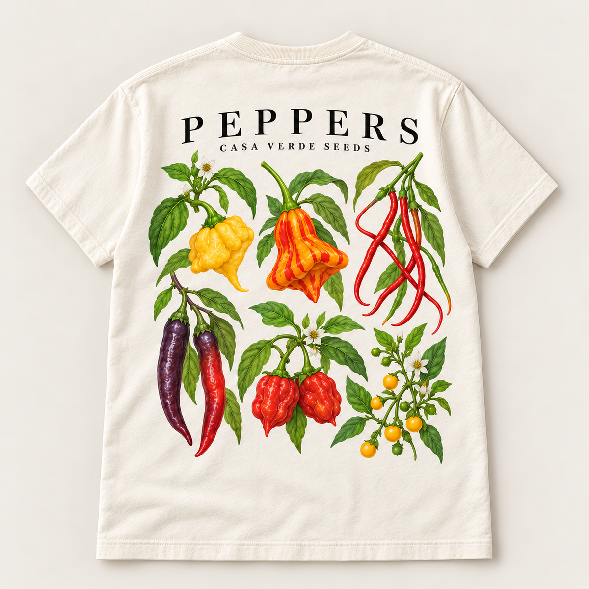 Peppers Botanical T-Shirt — Individual shirt back view. Illustrative design preview; final fit and print placement may vary.