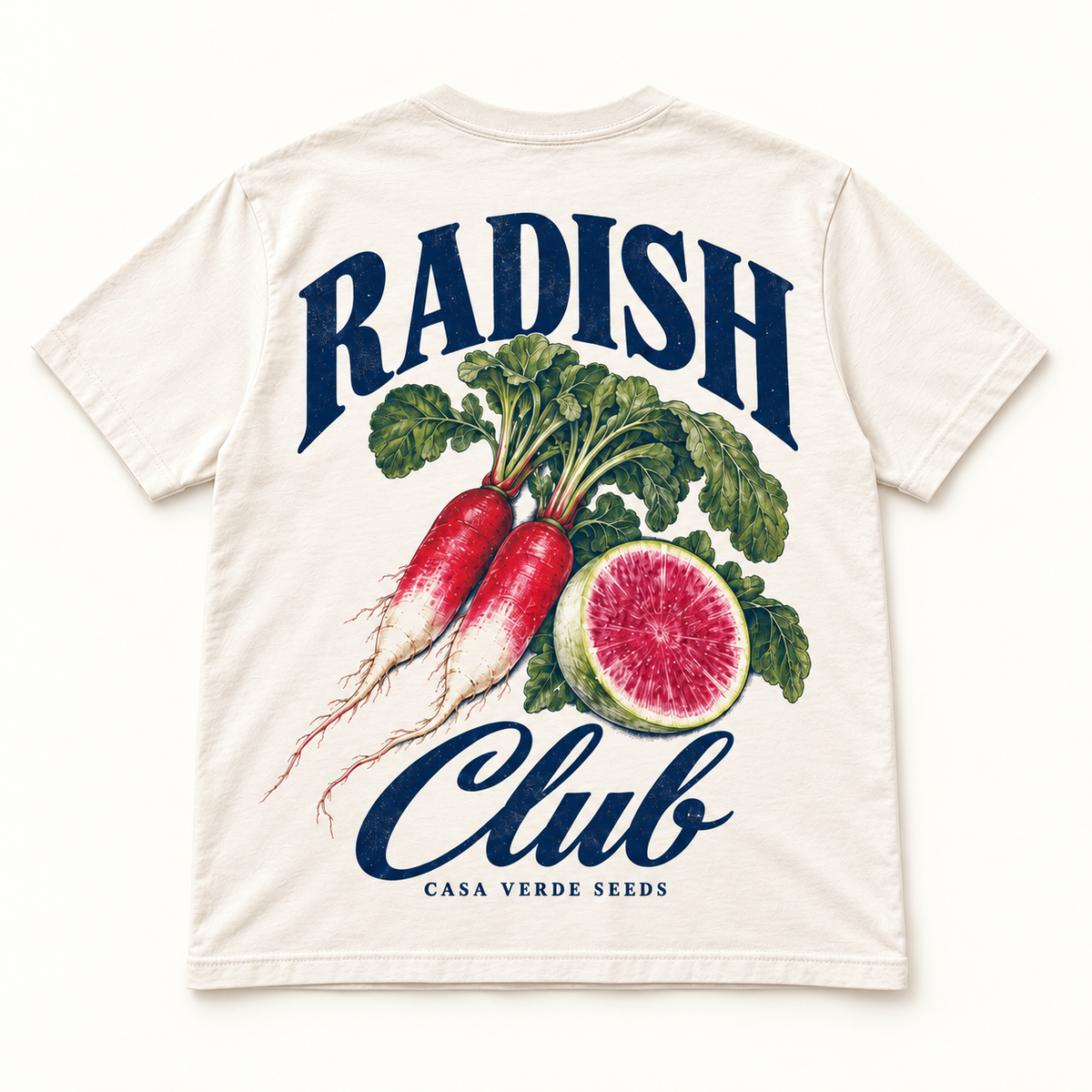 Radish Club T-Shirt — Individual shirt back view. Illustrative design preview; final fit and print placement may vary.