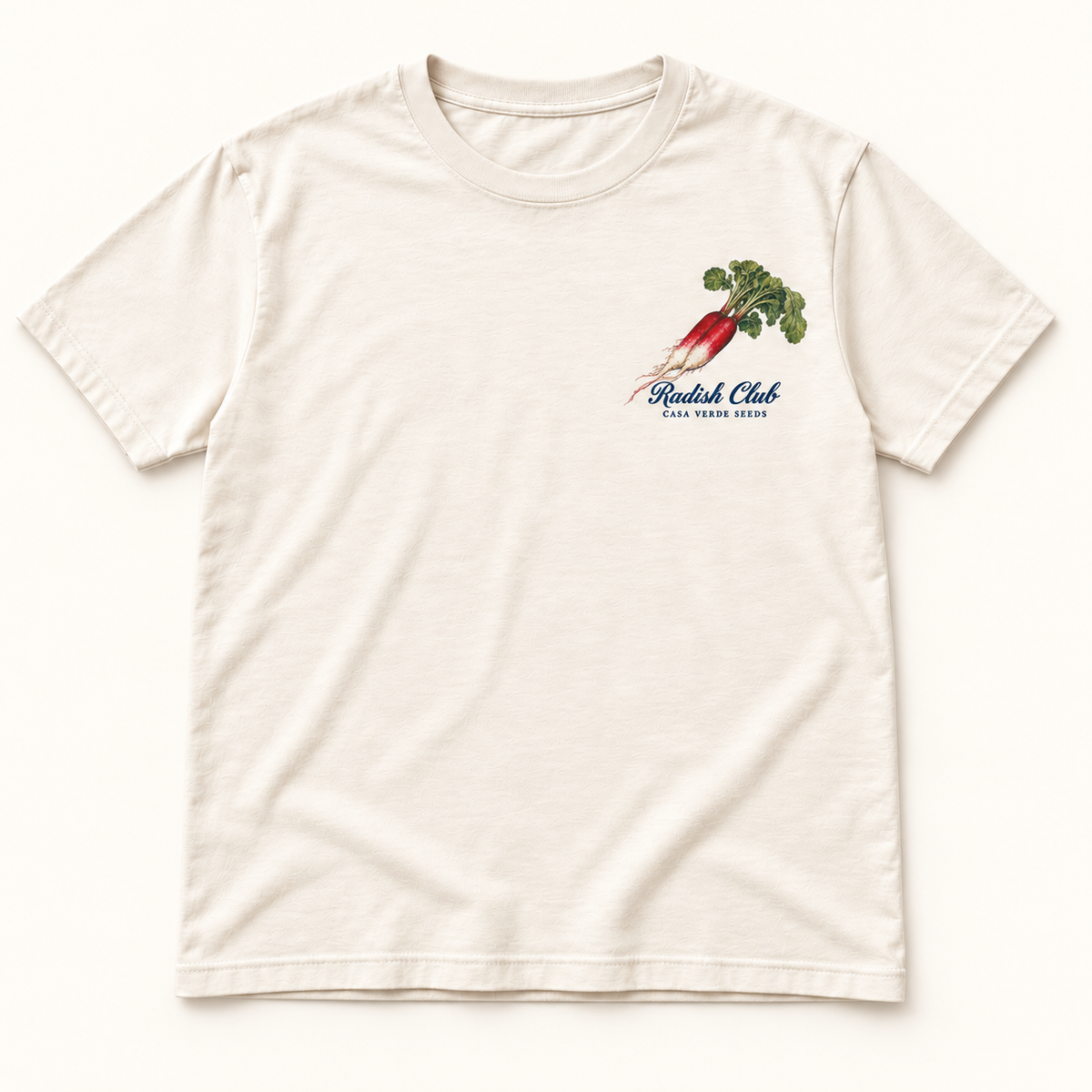 Radish Club T-Shirt — Individual shirt front view. Illustrative design preview; final fit and print placement may vary.