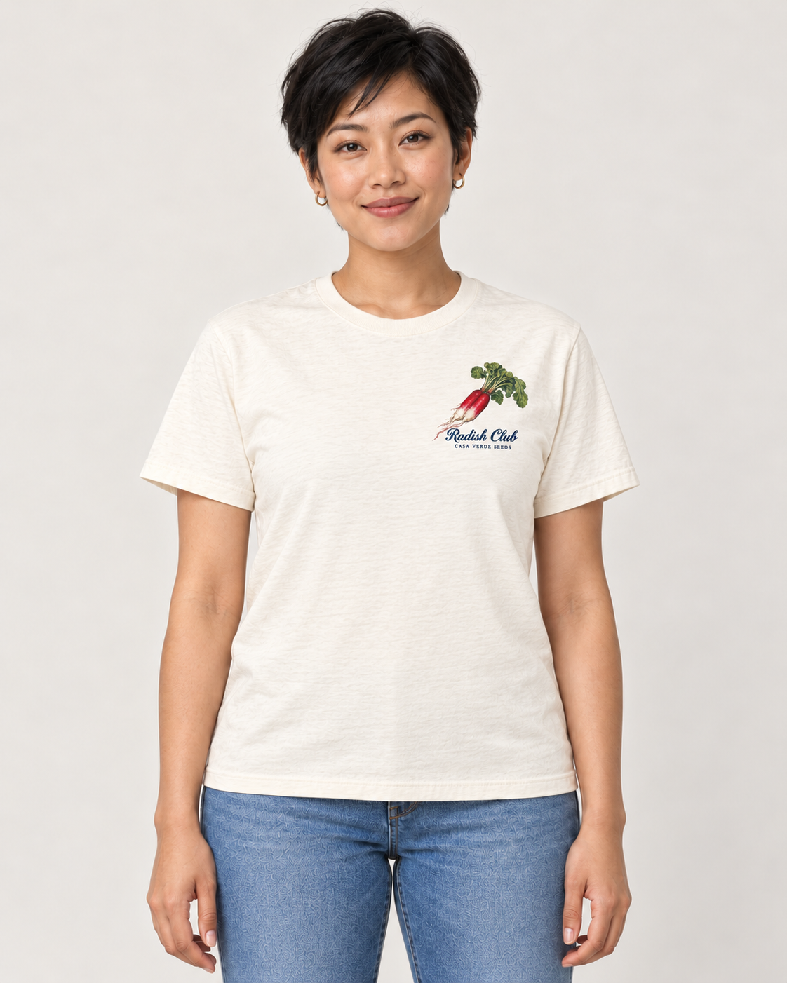 Radish Club T-Shirt — Front shown on a model. Illustrative garment preview; final fit and print placement may vary.