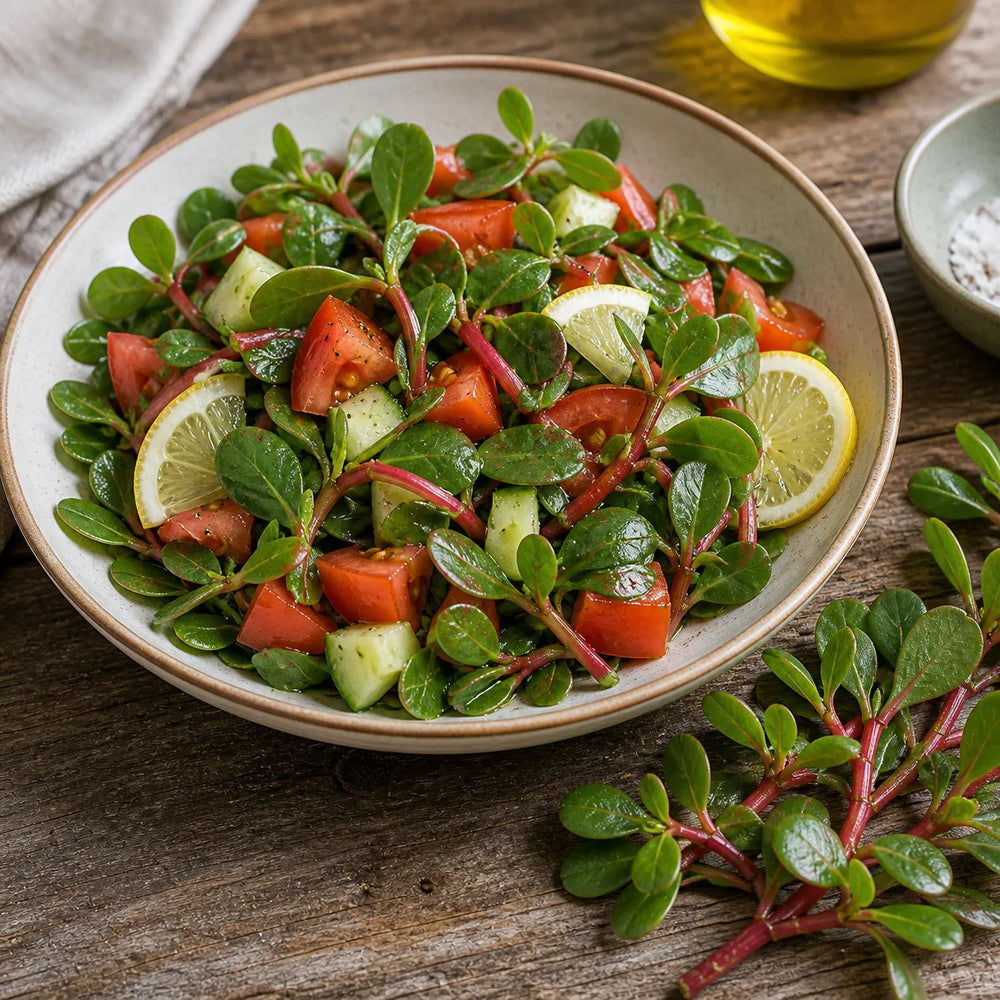 Fresh Red Gruner Purslane salad with tomato cucumber lemon and olive oil