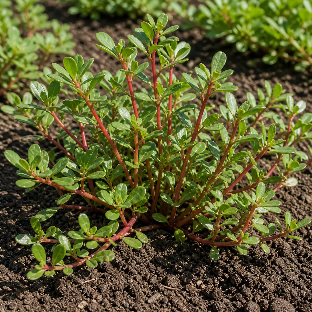 Red Gruner Purslane growing in garden soil with upright red stems and fleshy oval green leaves
