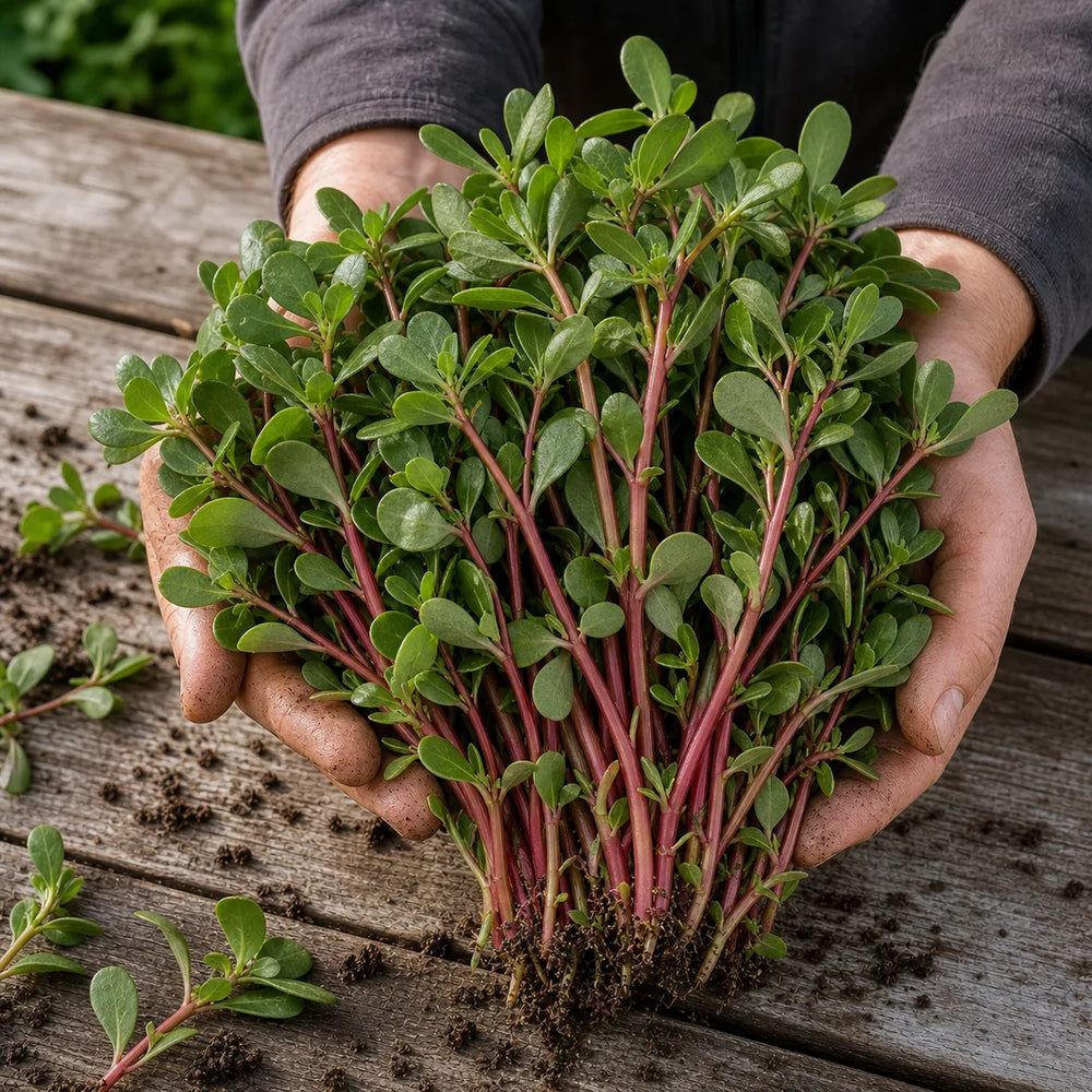 Freshly harvested Red Gruner Purslane with glossy green succulent leaves and red-pink stems held in gardener hands