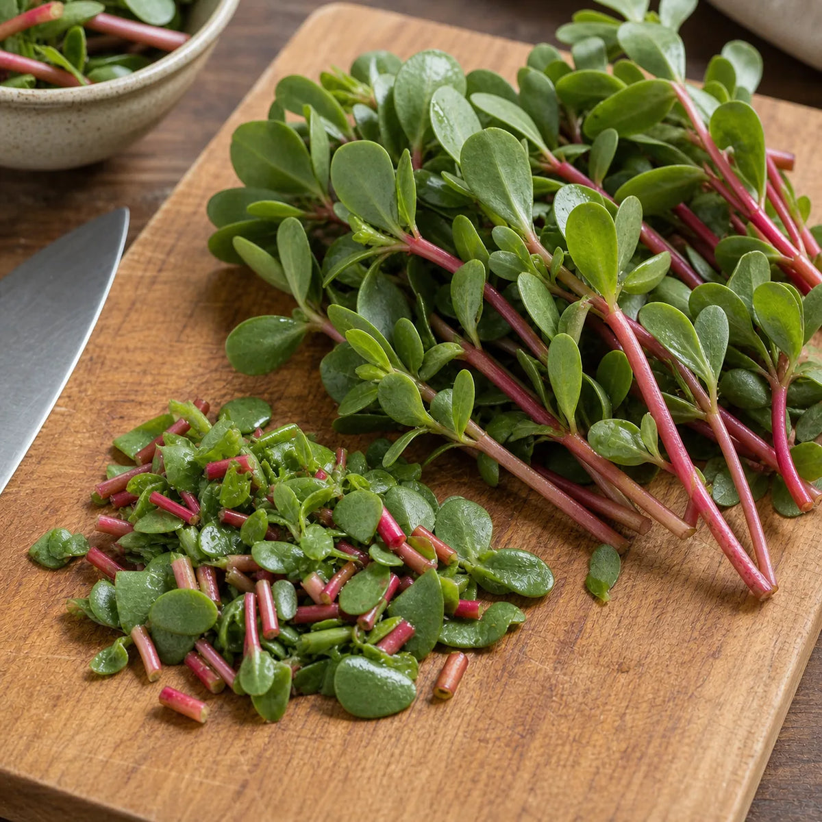 Red Gruner Purslane leaves and tender red stems chopped on a wooden cutting board