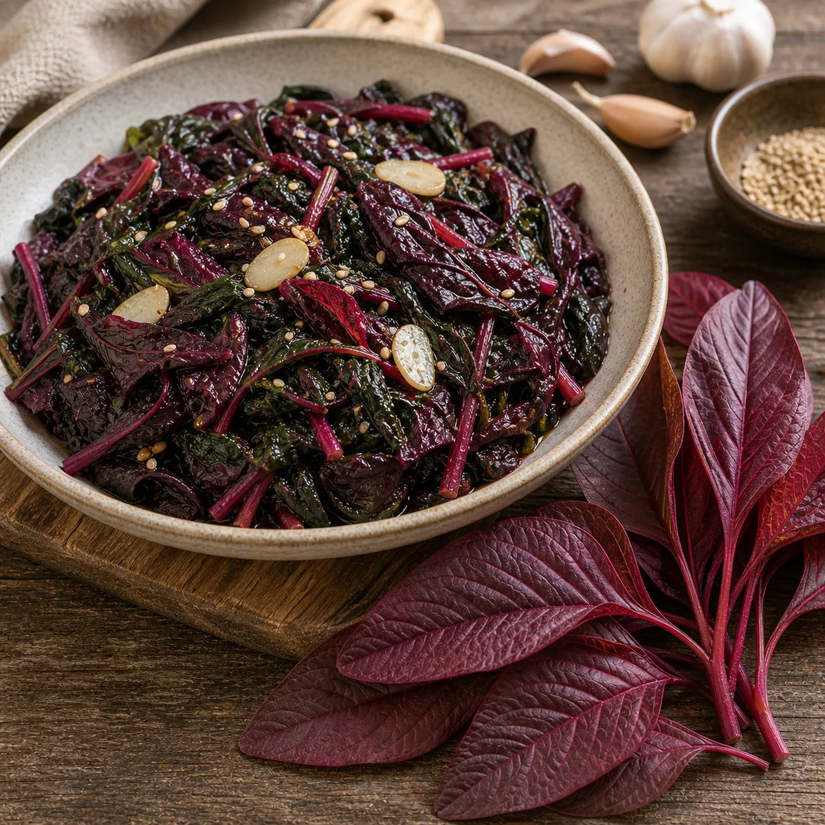 Lightly sautéed Red Amaranth with garlic and sesame beside fresh red leaves