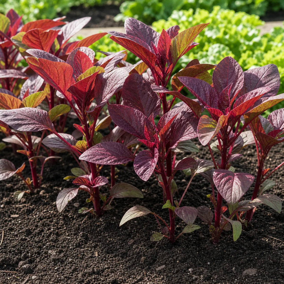 Red Amaranth plants growing in soil with upright red stems and burgundy leaves