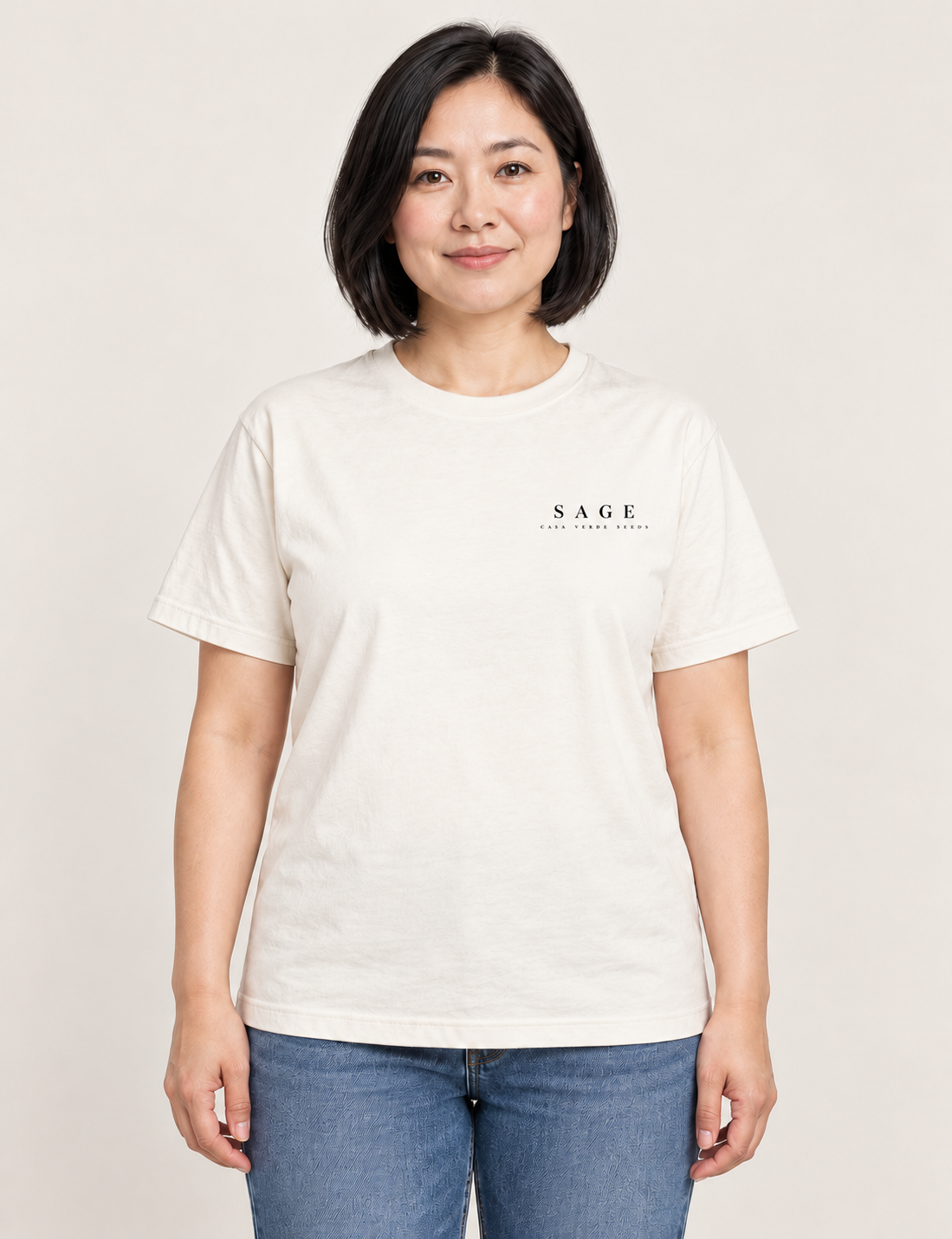 Sage T-Shirt — Front shown on a model. Illustrative garment preview; final fit and print placement may vary.