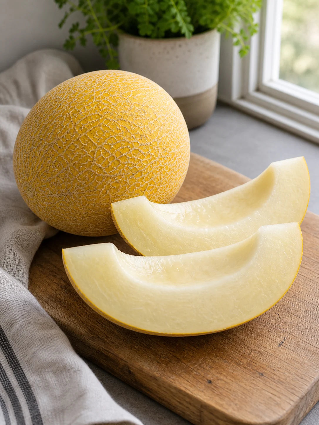 San Juan F1 melon cut into wedges showing pale cream yellow flesh