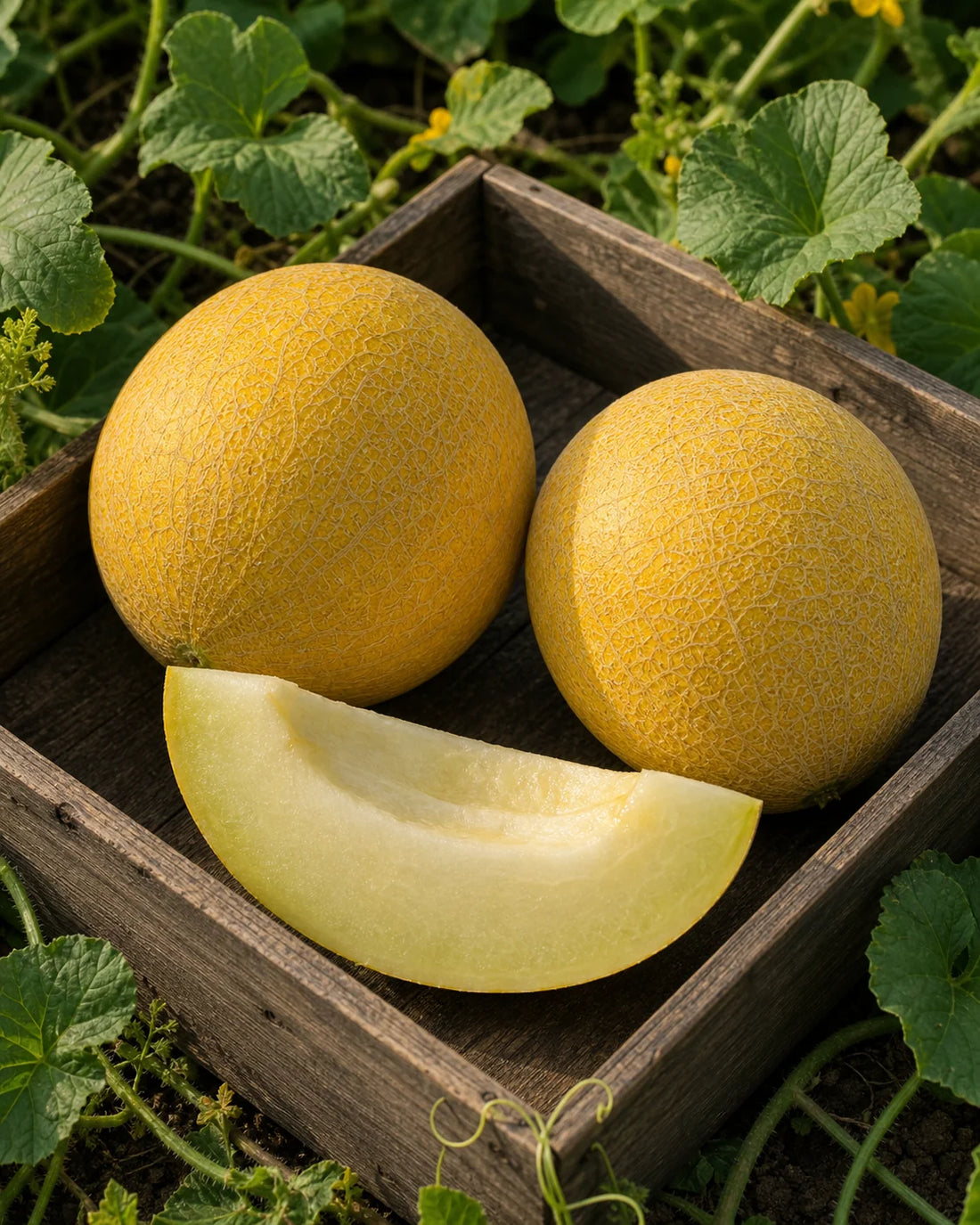 San Juan F1 melon seeds harvest with golden fine-netted melons and pale cream flesh