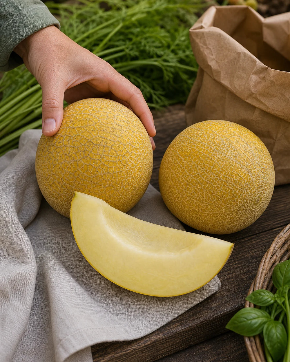 San Juan F1 golden melons with fine pale netting at a market table