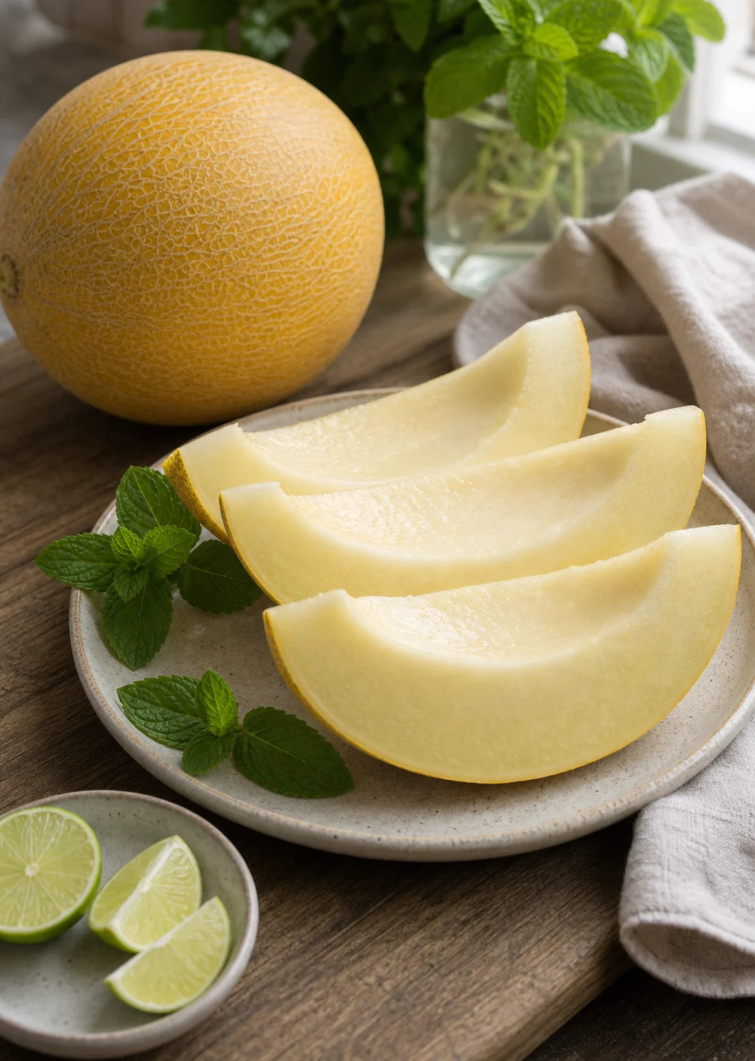 San Juan F1 melon wedges served fresh with pale cream flesh