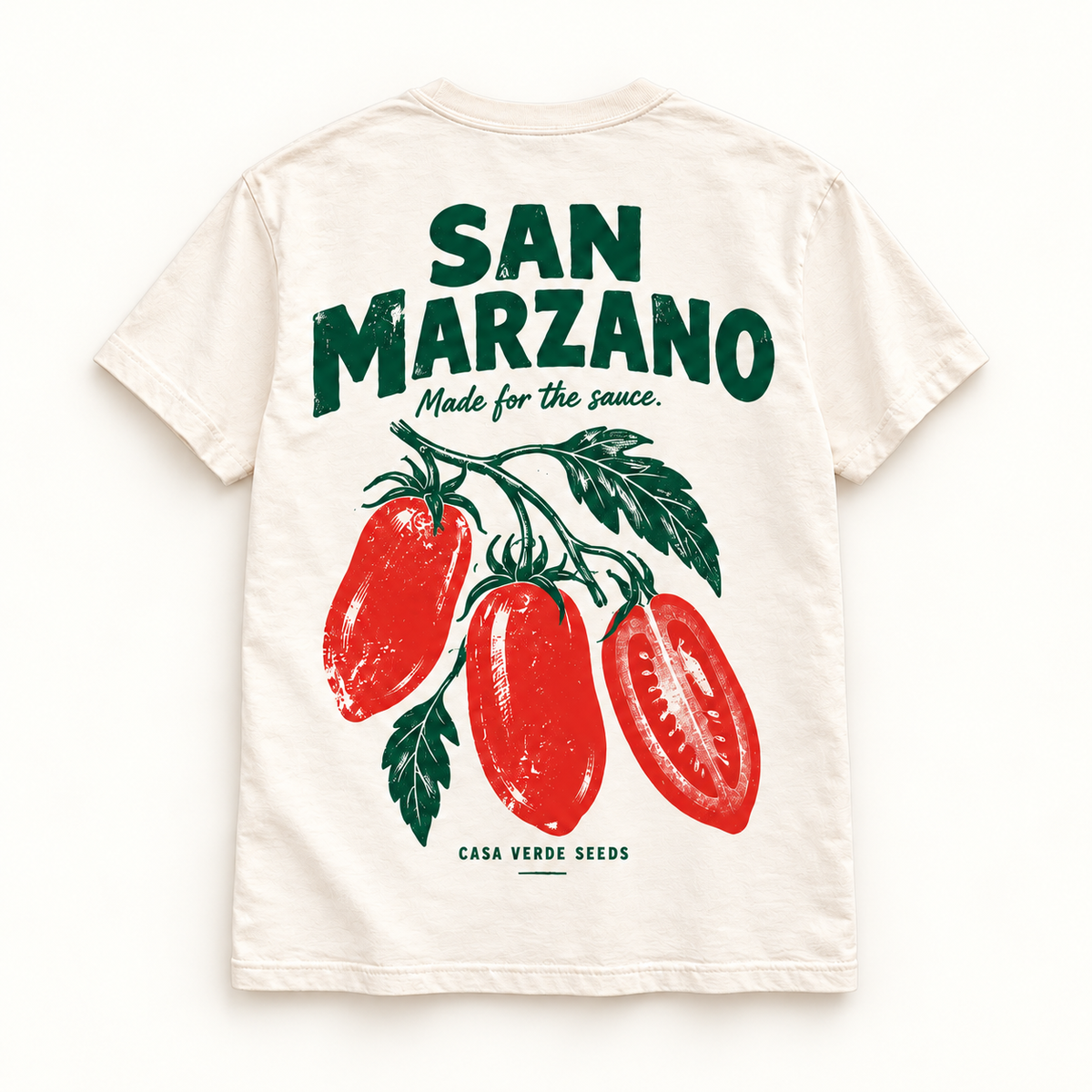 San Marzano T-Shirt — Individual shirt back view. Illustrative design preview; final fit and print placement may vary.