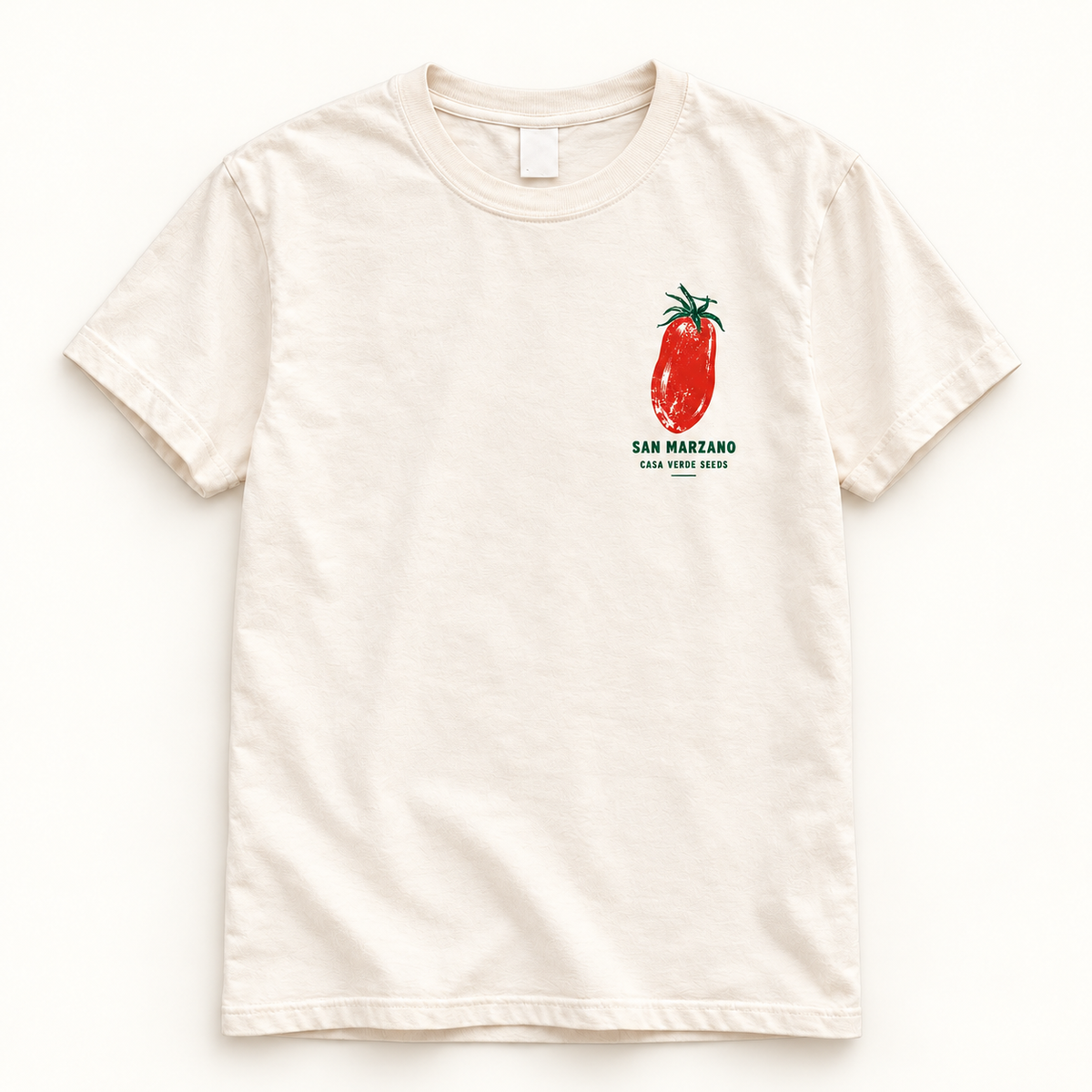 San Marzano T-Shirt — Individual shirt front view. Illustrative design preview; final fit and print placement may vary.