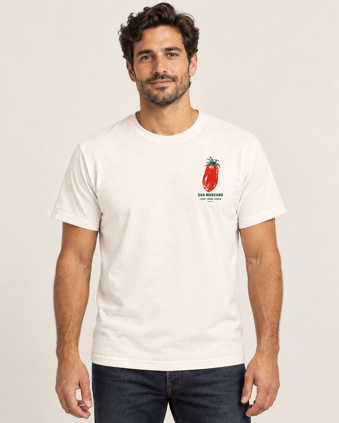 San Marzano T-Shirt — Front shown on a model. Illustrative garment preview; final fit and print placement may vary.
