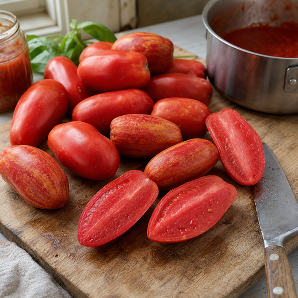 Sauce Tomato Pack paste tomatoes sliced for sauce on a wooden cutting board