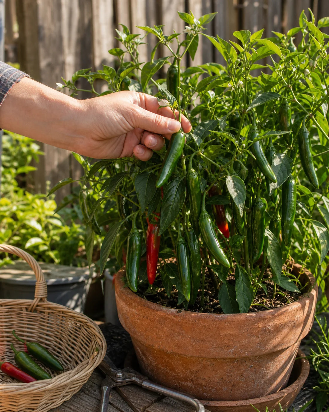 Serrano chile peppers being picked from a container garden plant