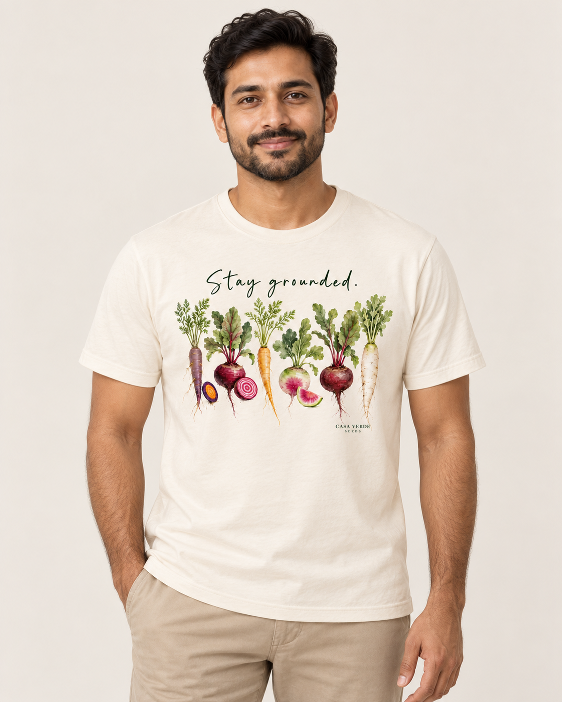 stay grounded T-shirt — individual model. Illustrative design preview; final garment, fit and print placement may vary.