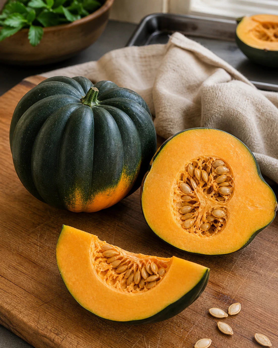 Table Queen acorn squash cut open to show sweet orange flesh and seeds