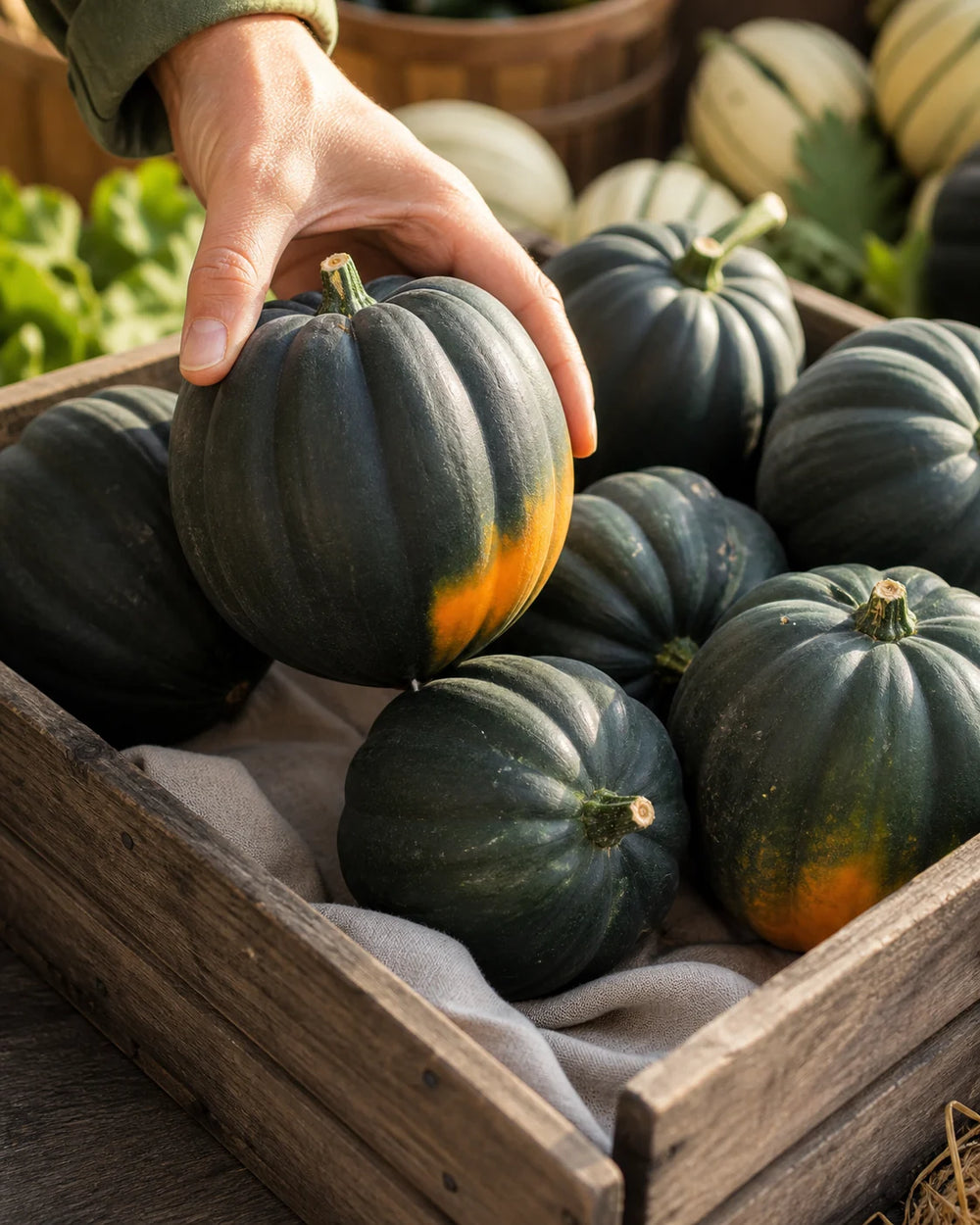 Table Queen acorn squash in a market crate with dark green ribbed skin