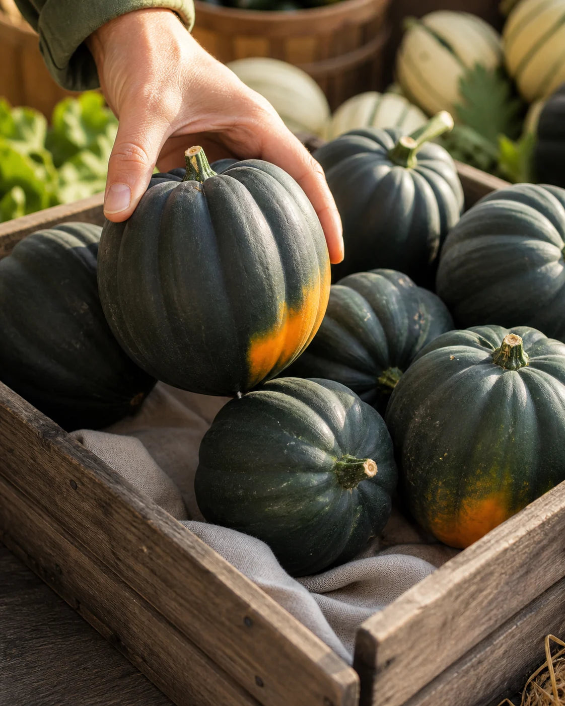 Table Queen acorn squash in a market crate with dark green ribbed skin