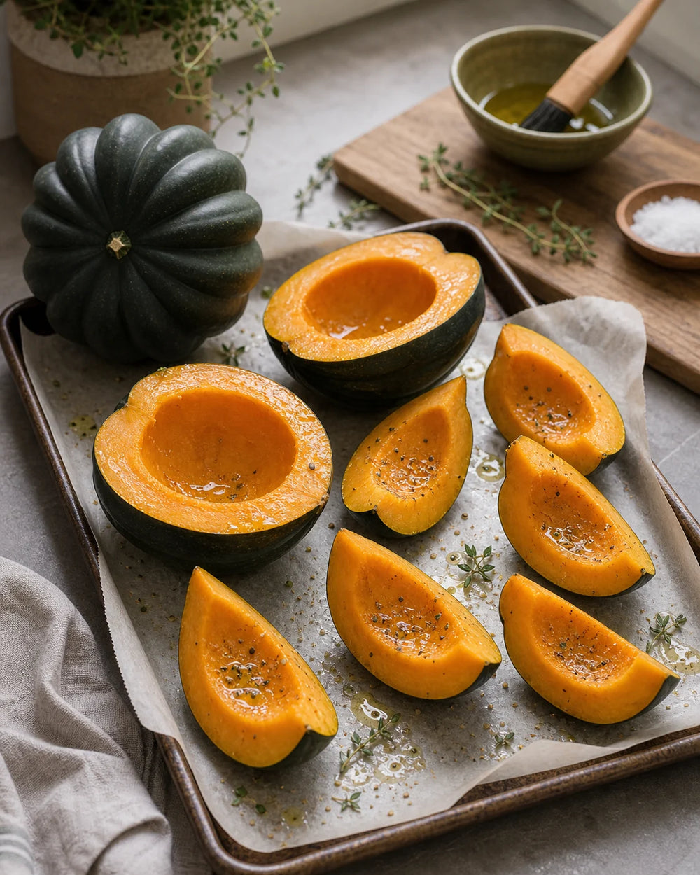 Table Queen winter squash wedges prepared for roasting with orange flesh