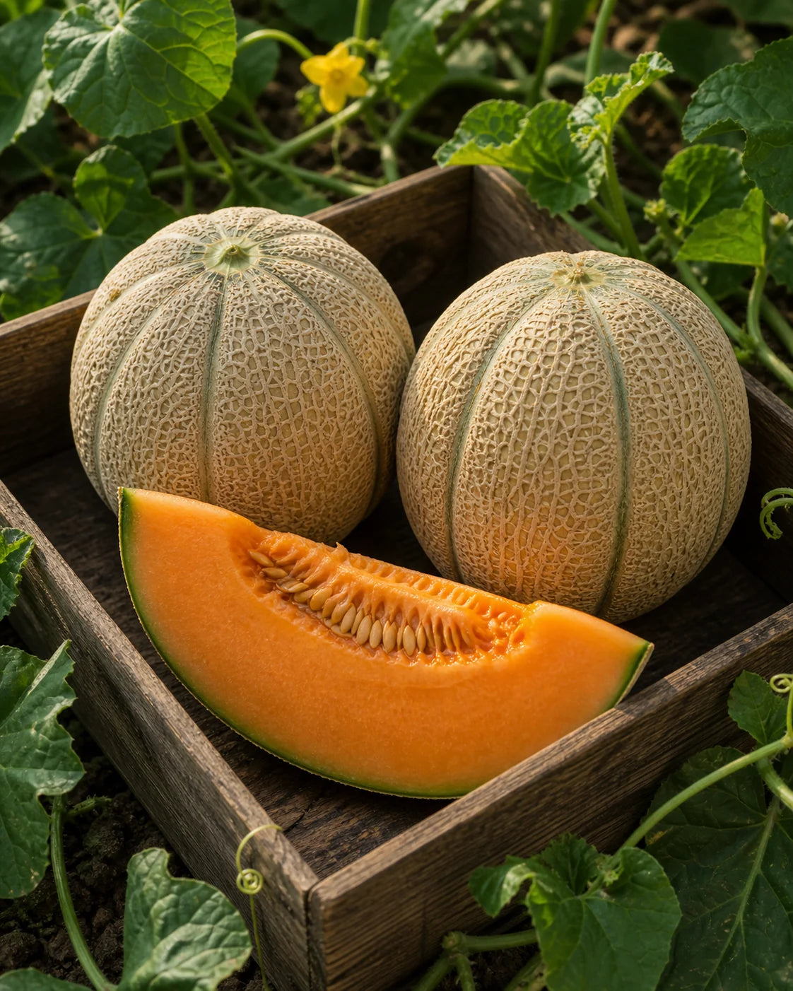 Tirreno F1 Organic melon seeds harvest with netted Tuscan cantaloupes and orange flesh
