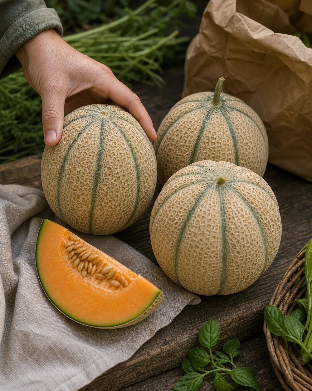 Tirreno F1 Organic Tuscan cantaloupes with ribbed netted rind at a market table