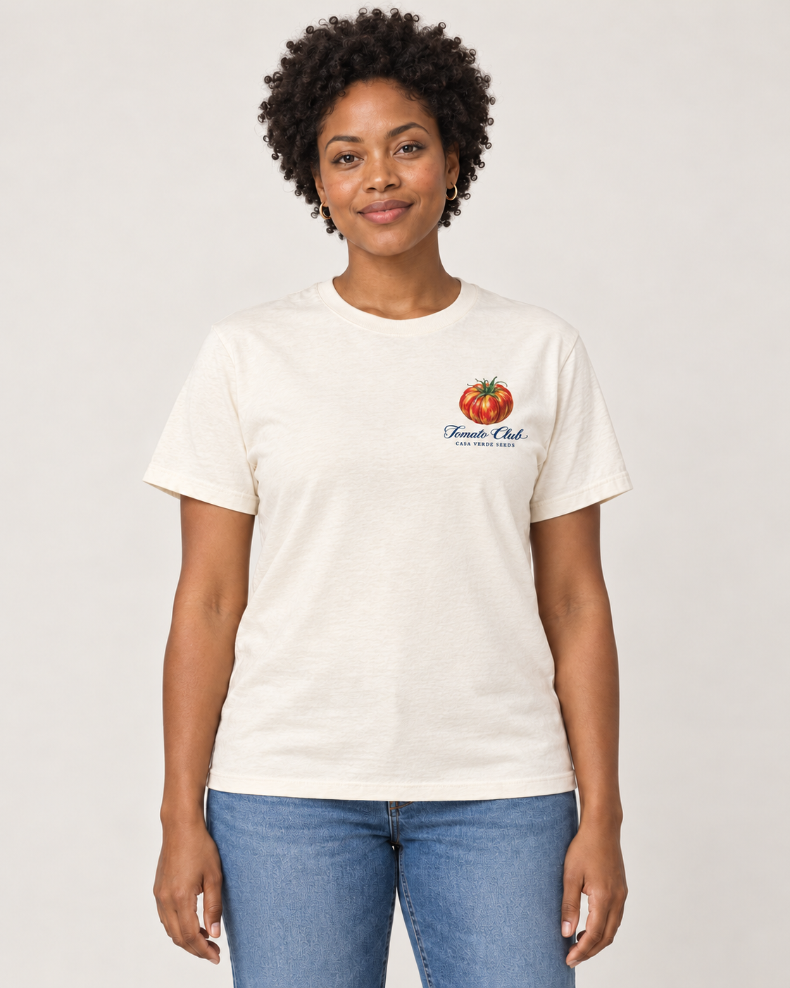 Tomato Club T-Shirt — Front shown on a model. Illustrative garment preview; final fit and print placement may vary.