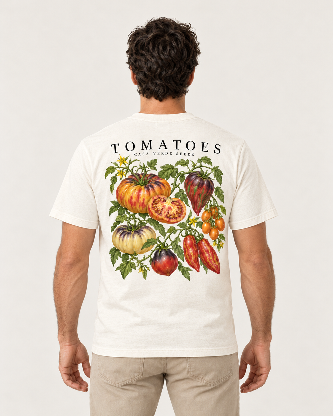 Tomatoes Botanical T-Shirt — Back shown on a model. Illustrative garment preview; final fit and print placement may vary.