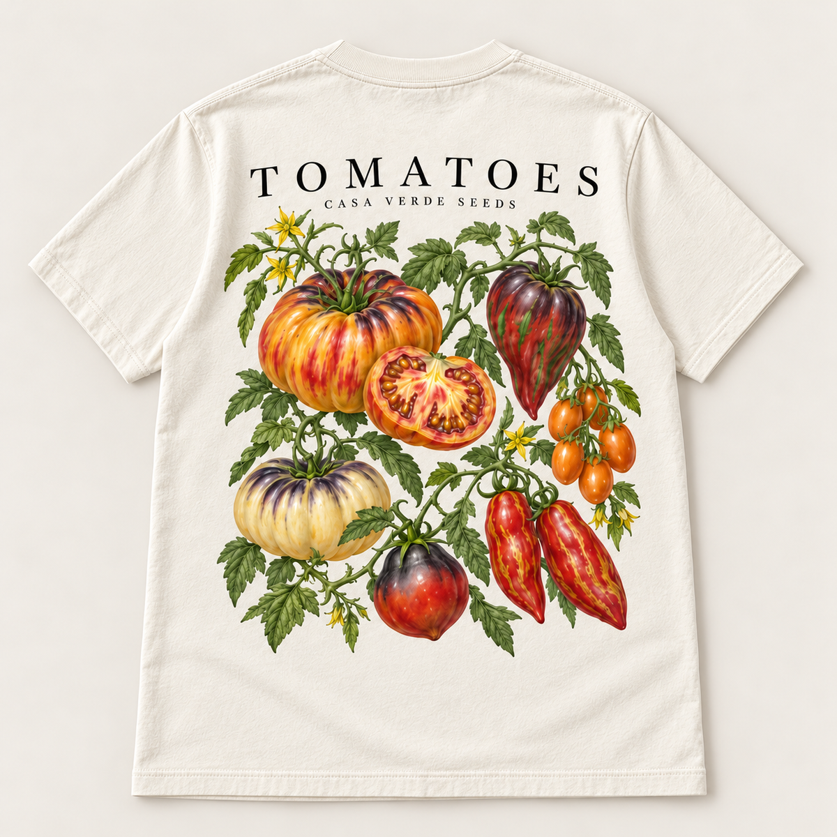 Tomatoes Botanical T-Shirt — Individual shirt back view. Illustrative design preview; final fit and print placement may vary.