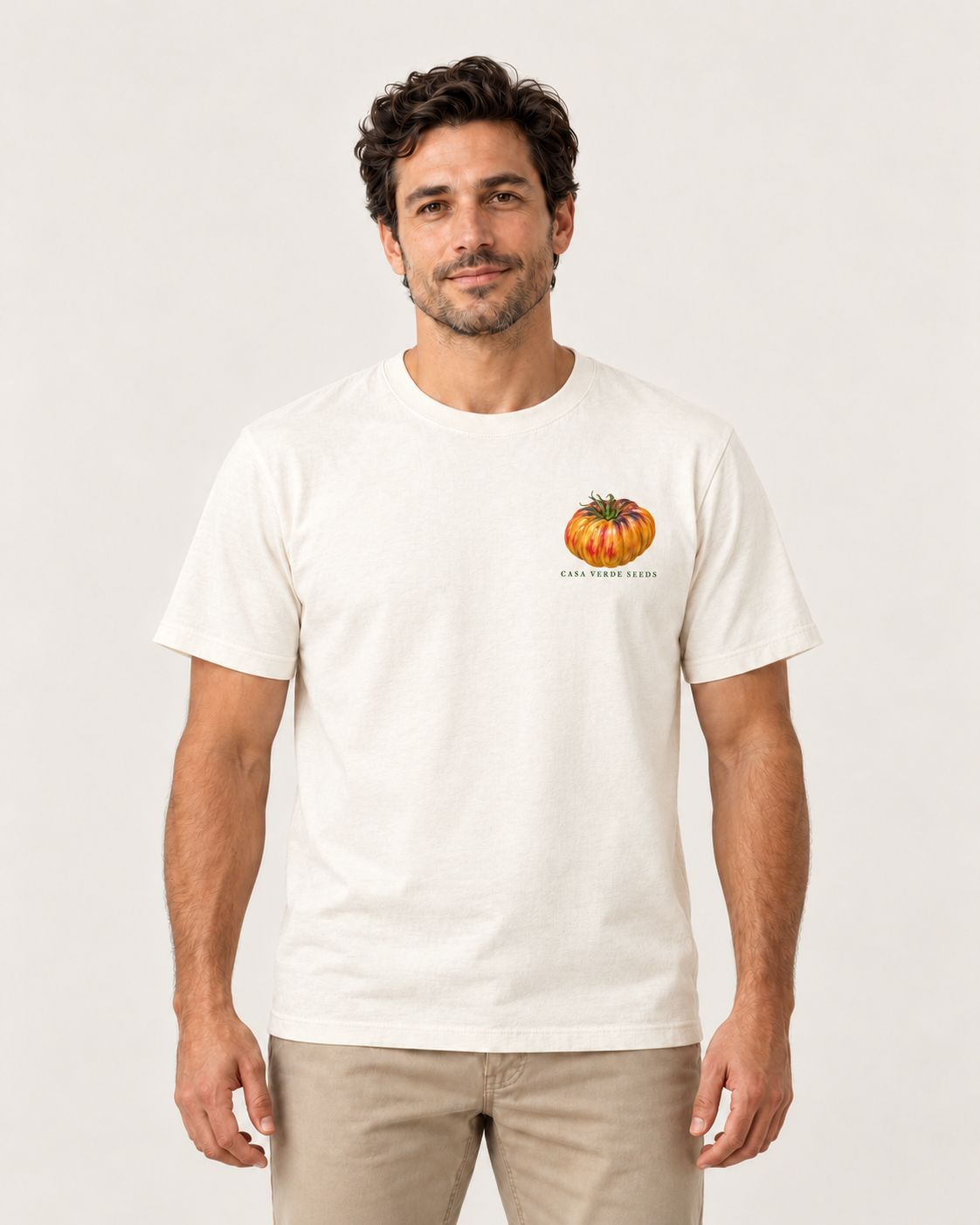 Tomatoes Botanical T-Shirt — Front shown on a model. Illustrative garment preview; final fit and print placement may vary.