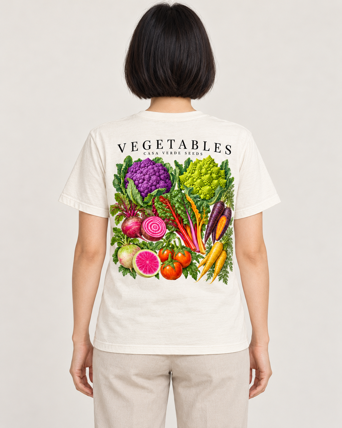 Vegetables Botanical T-Shirt — Back shown on a model. Illustrative garment preview; final fit and print placement may vary.