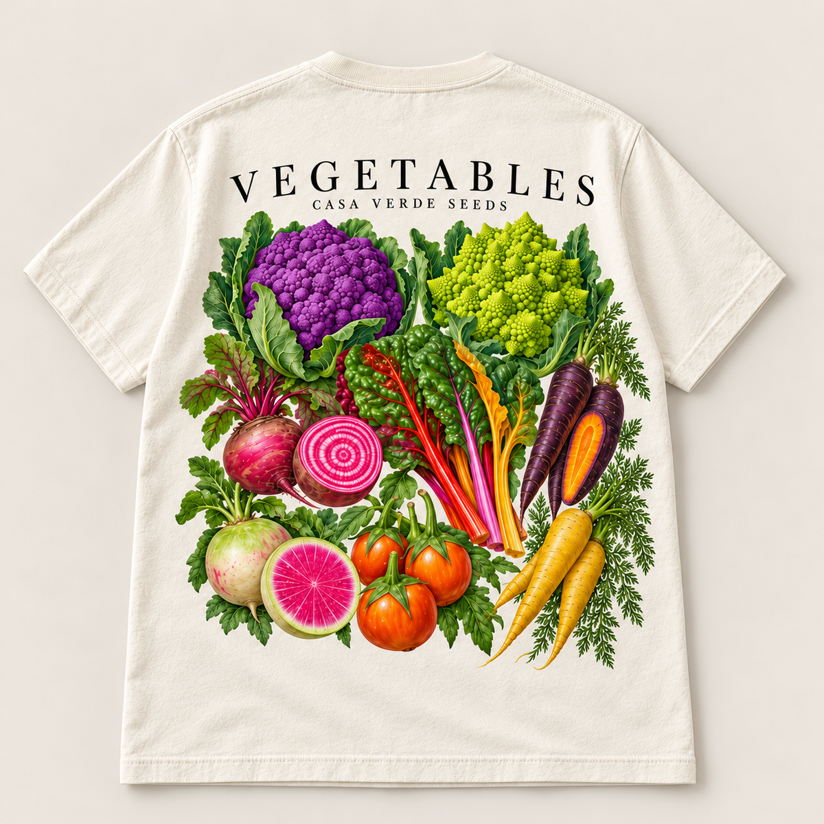 Vegetables Botanical T-Shirt — Individual shirt back view. Illustrative design preview; final fit and print placement may vary.